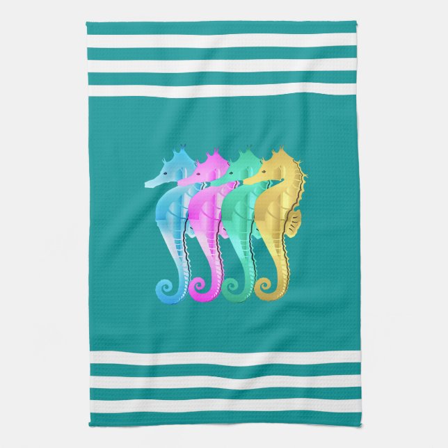 Nautical aqua/pink/blue/gold seahorses beach towel (Vertical)