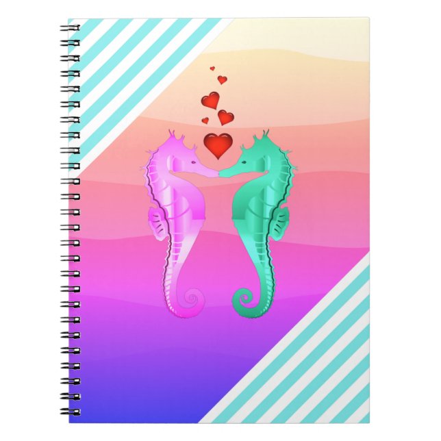 Nautical aqua/pink/seahorses kissing hearts notebo notebook (Front)