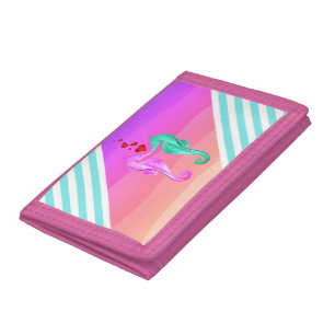 Nautical aqua/pink/seahorses kissing hearts passpo tri-fold wallet