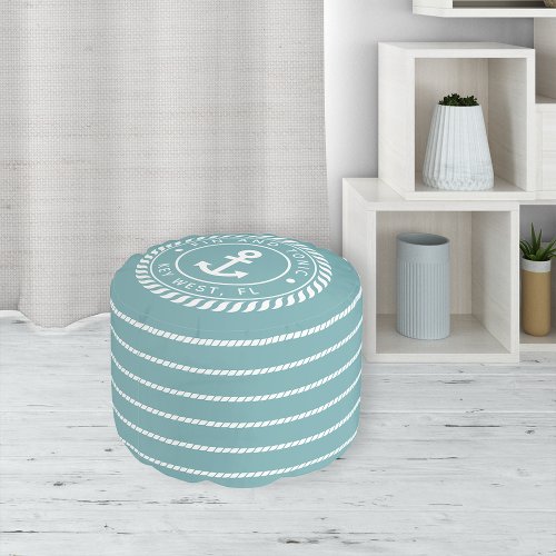 Nautical Aqua  White Anchor Stripe Boat Name Pouf