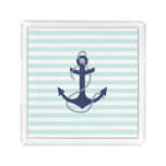 Nautical Aqua &amp; White Stripes Navy Blue Anchor Acrylic Tray at Zazzle