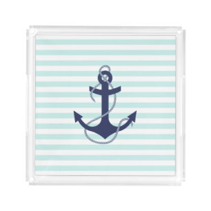 Nautical Aqua & White Stripes Navy Blue Anchor Acrylic Tray
