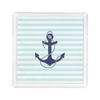 Nautical Aqua & White Stripes Navy Blue Anchor Acrylic Tray by VintageDesignsShop at Zazzle