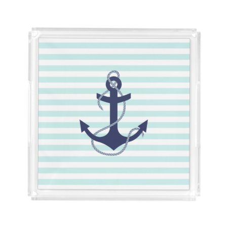 Nautical Aqua & White Stripes Navy Blue Anchor Acrylic Tray