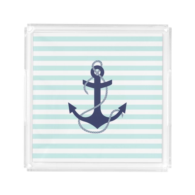 Nautical Aqua & White Stripes Navy Blue Anchor Acrylic Tray (Front)