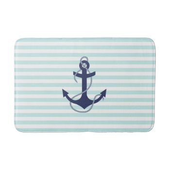 Nautical Aqua & White Stripes Navy Blue Anchor Bath Mat by VintageDesignsShop at Zazzle
