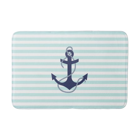 Nautical Aqua & White Stripes Navy Blue Anchor Bath Mat