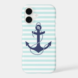 Nautical Aqua & White Stripes Navy Blue Anchor iPhone 17 Case