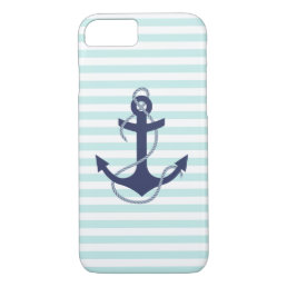 Nautical Aqua &amp; White Stripes Navy Blue Anchor iPhone 8/7 Case