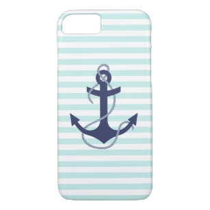 Nautical Aqua & White Stripes Navy Blue Anchor iPhone 8/7 Case
