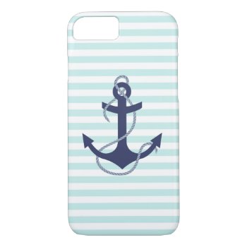 Nautical Aqua & White Stripes Navy Blue Anchor Iphone 8/7 Case by VintageDesignsShop at Zazzle
