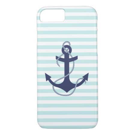 Nautical Aqua & White Stripes Navy Blue Anchor Iphone 8/7 Case