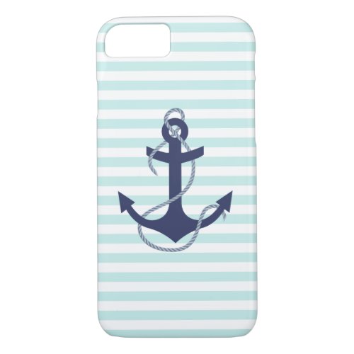 Nautical Aqua  White Stripes Navy Blue Anchor iPhone 87 Case