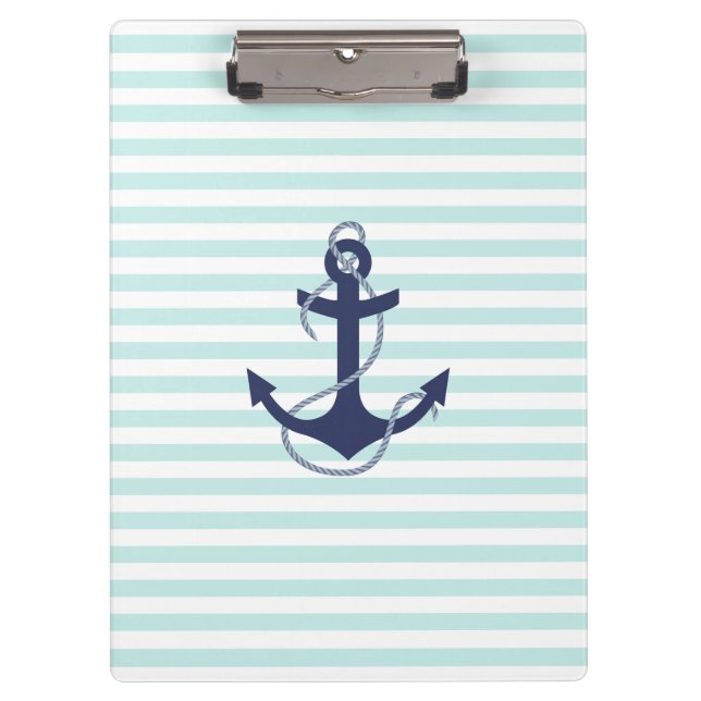 Nautical Aqua & White Stripes Navy Blue Anchor Clipboard (Front)