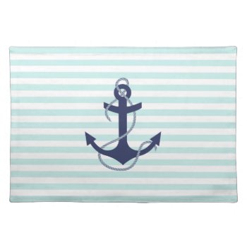 Nautical Aqua & White Stripes Navy Blue Anchor Cloth Placemat by VintageDesignsShop at Zazzle