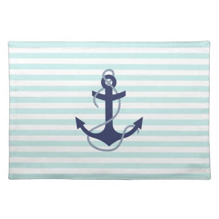 Nautical Aqua & White Stripes Navy Blue Anchor Cloth Placemat