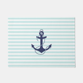 Nautical Aqua & White Stripes Navy Blue Anchor Doormat by VintageDesignsShop at Zazzle