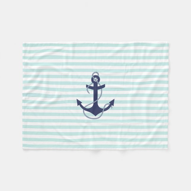 Nautical Aqua & White Stripes Navy Blue Anchor Fleece Blanket (Front (Horizontal))