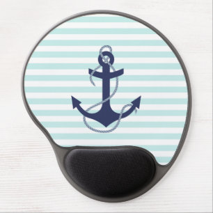 Nautical Aqua & White Stripes Navy Blue Anchor Gel Mouse Pad