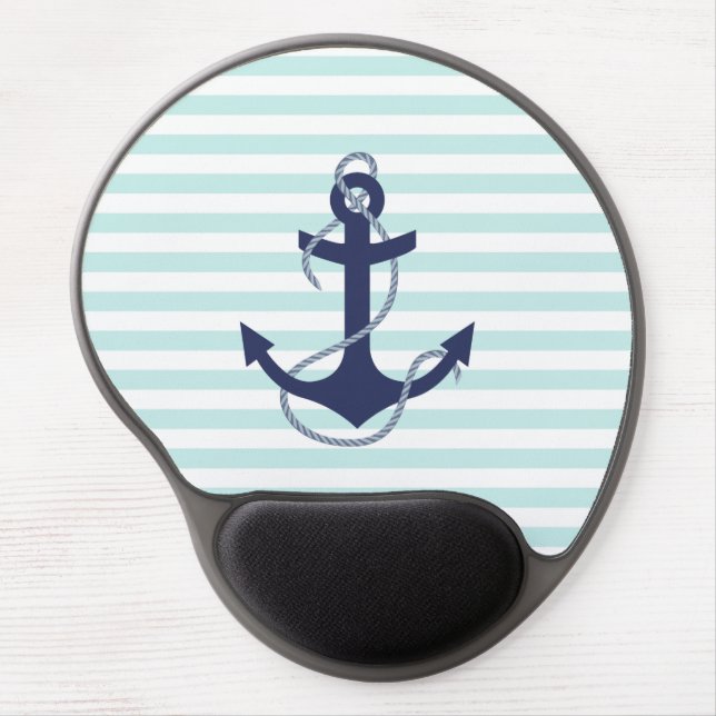 Nautical Aqua & White Stripes Navy Blue Anchor Gel Mouse Pad (Front)
