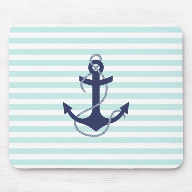 Nautical Aqua & White Stripes Navy Blue Anchor Mouse Pad (Front)