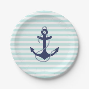 Nautical Aqua & White Stripes Navy Blue Anchor Paper Plates