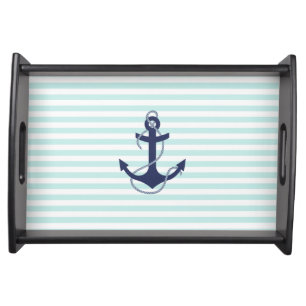 Nautical Aqua & White Stripes Navy Blue Anchor Serving Tray