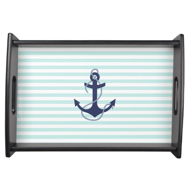 Nautical Aqua & White Stripes Navy Blue Anchor Serving Tray (Front)