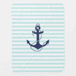 Nautical Aqua & White Stripes Navy Blue Anchor Swaddle Blanket