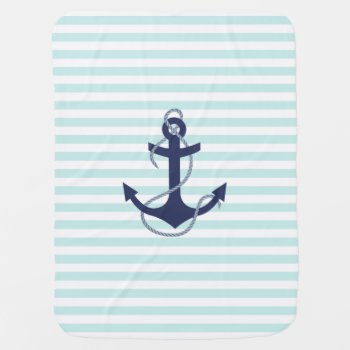 Nautical Aqua & White Stripes Navy Blue Anchor Swaddle Blanket by VintageDesignsShop at Zazzle