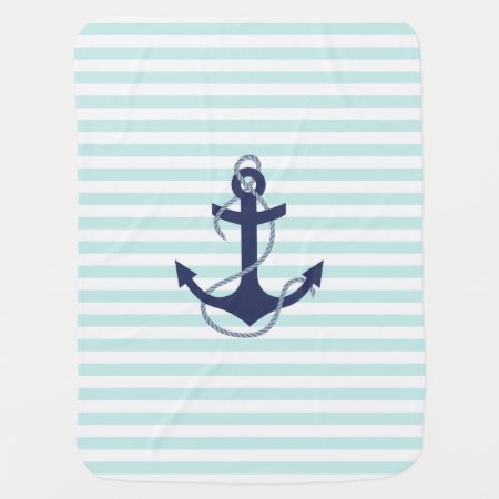 Nautical Aqua & White Stripes Navy Blue Anchor Swaddle Blanket