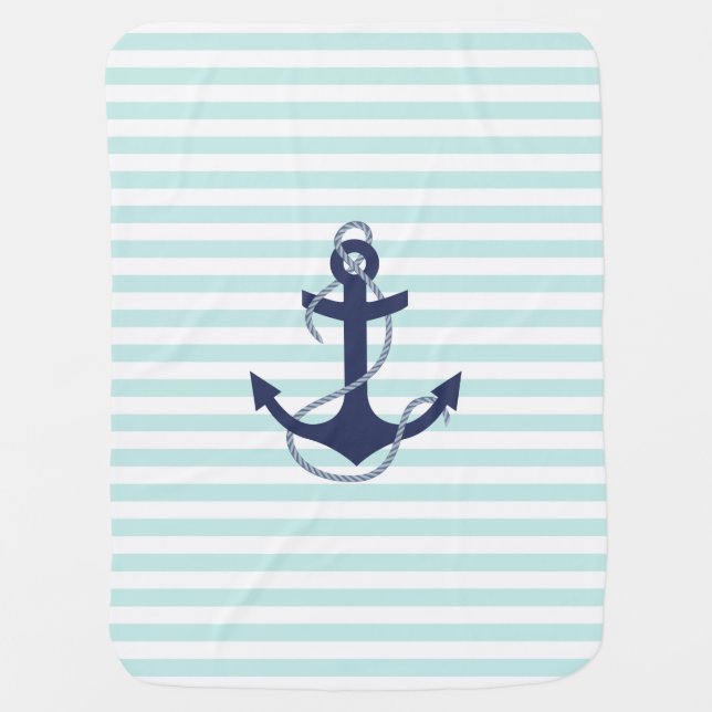 Nautical Aqua & White Stripes Navy Blue Anchor Swaddle Blanket (Front)