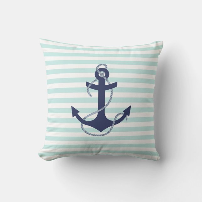 Nautical Aqua & White Stripes Navy Blue Anchor Throw Pillow (Front)