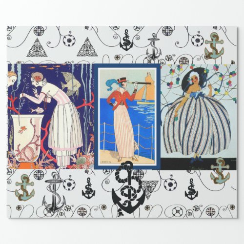 NAUTICAL ART DECO BEAUTY FASHION WITH ANCHORS WRAPPING PAPER