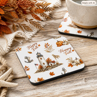 Nautical Autumn Coastal Lighthouse Print Beverage Coaster