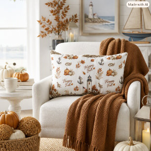 Nautical Autumn Coastal Lighthouse Print Lumbar Pillow