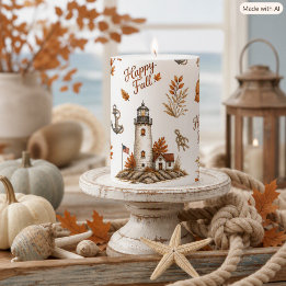 Nautical Autumn Coastal Lighthouse Print Pillar Candle