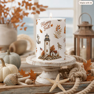 Nautical Autumn Coastal Lighthouse Print Pillar Candle