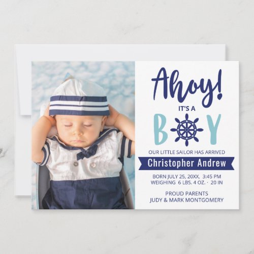 Nautical Baby Birth Photo Ahoy its A Boy Blue Announcement