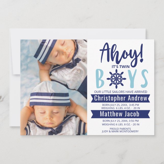 Nautical Baby Birth Photo Ahoy it's Twin Boys Anno Announcement (Front)