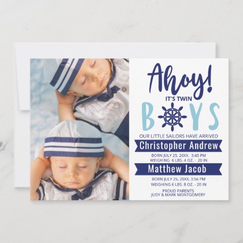 Nautical Baby Birth Photo Ahoy its Twin Boys Anno Announcement