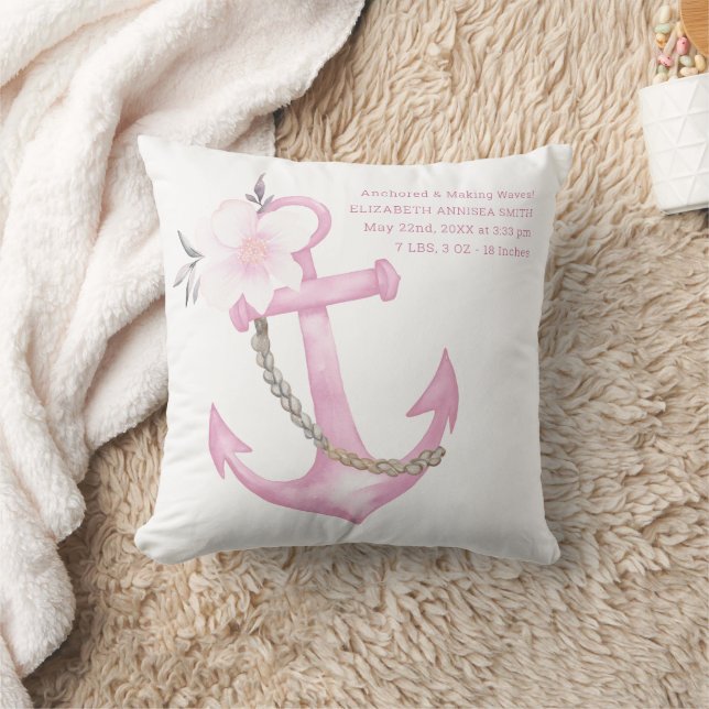 Nautical Baby Birth Stats Pillow | Pink Watercolor (Blanket)