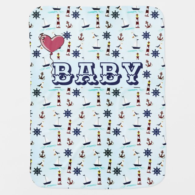 Nautical Baby Blue waves Lighthouse Sailboat Blanket (Front)