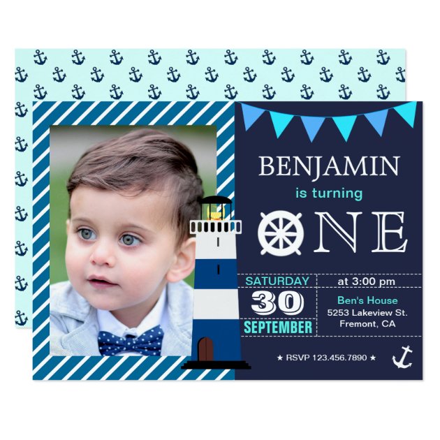 Nautical Baby Boy 1st Birthday Party Invitation