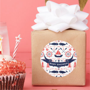 Nautical Baby Boy Baby Shower Coral Navy Octopus Classic Round Sticker
