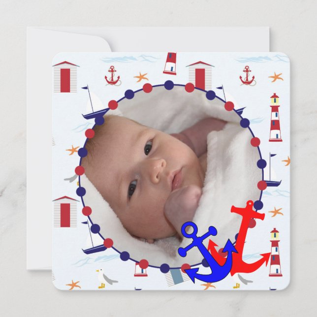 Nautical baby boy personalized photo announcement (Front)