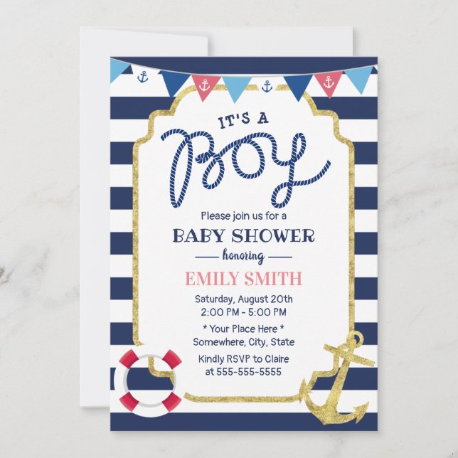 Nautical Baby Boy Shower Gold Anchor Navy Stripes Invitation (Front)