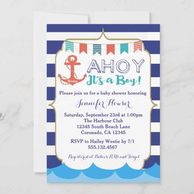 Nautical Baby Boy Shower Invitation Navy Blue (Front)