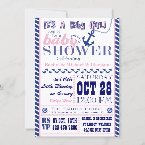 Nautical Baby Girl Baby Shower Invitation