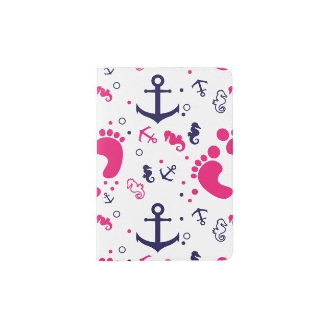 Nautical baby girl pink, navy blue passport holder (Front)